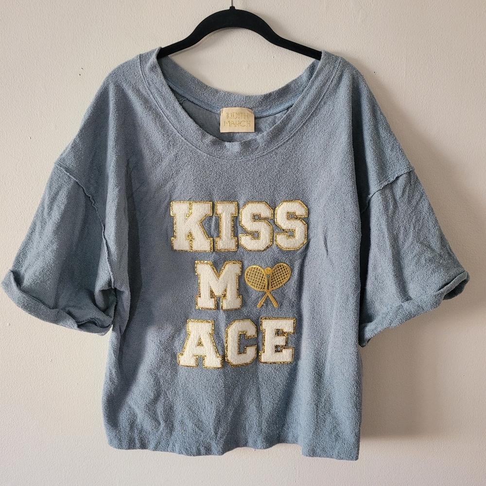 Judith March Embelished Kiss My Ace Top Back Crossover Blue Gold Tennis Small